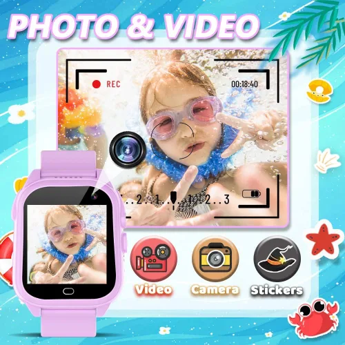 Vista 4 de OVV Reloj inteligente para niños y niñas de 3 a 12 años con resistente al agua 26 juegos, pantalla táctil de 1.44'', cámara HD, reproductor de MP3