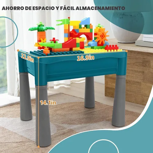 Vista 6 de Mesa de actividades para niños de doble cara con almacenamiento, mesa multiactividad todo en uno, 105 piezas de bloques de construcción con pista