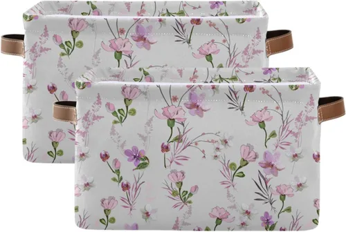 Vista 2 de ALAZA Cesta de almacenamiento de flores de clavel rosa y morado para estantes para organizar el armario, estante del cuarto del bebé, juguete