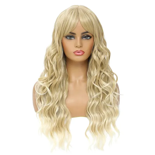 Vista 10 de SWACC Peluca larga y rizada ondulada con flequillo peluca de pelo sintético para mujeres con gorra de peluca (negro)