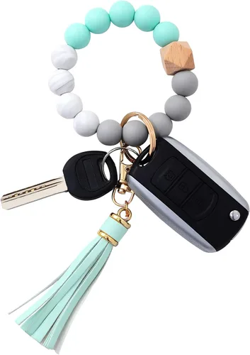 Vista 35 de BAOSIWA Pulsera de cuentas de silicona, llavero de pulsera, cadena para mujer, con borla de cuero Negro