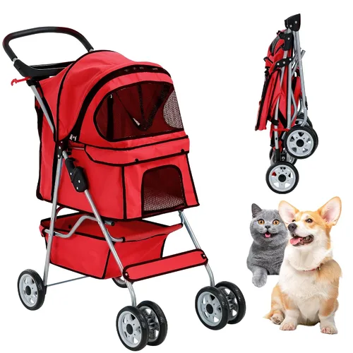 Vista 10 de Cochecito para perros con cesta de almacenamiento, cochecito para mascotas de 3 ruedas, transpirable, compacto, portátil, plegable, para viajes