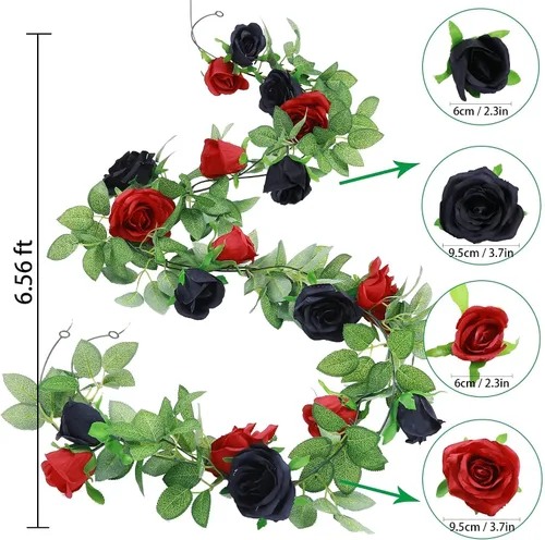Vista 3 de GREENTIME Paquete de 2 guirnaldas de rosas artificiales negras y rojas de Negro Rojo