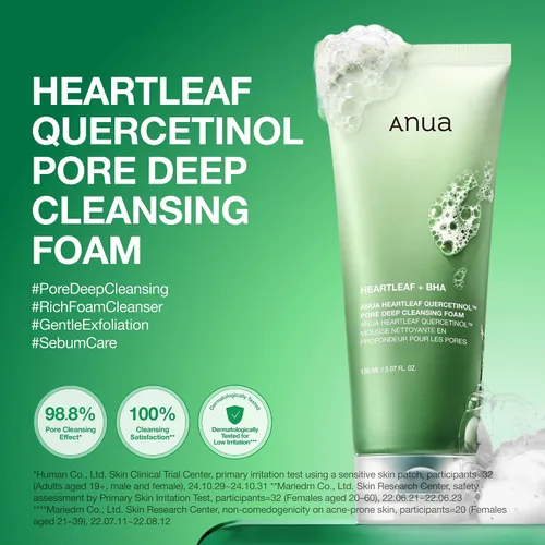 Vista 2 de Anua Heartleaf - Espuma limpiadora profunda de poros de quercetinol, lavado facial para limpiador de refinación de poros, limpiador facial diario