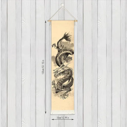 Vista 3 de Póster colgante de lienzo para pared, pintura de dragón chino, tinta y acuarela, tapiz de pared con efecto mitológico con 2 borlas y barra colgante