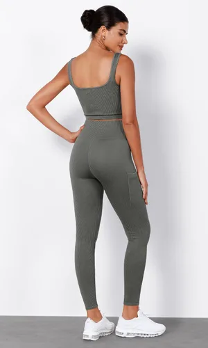 Vista 5 de ODODOS Leggings sin costuras para mujer con bolsillos, cintura alta, lavado ácido, acanalado, pantalones de yoga para gimnasio y entrenamiento