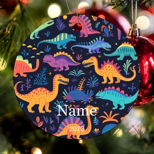 Vista 8 de Adorno colorido con patrón de dinosaurio de 3 pulgadas, adorno de Navidad de cerámica de 3 pulgadas, bonito adorno de Navidad de dibujos animados