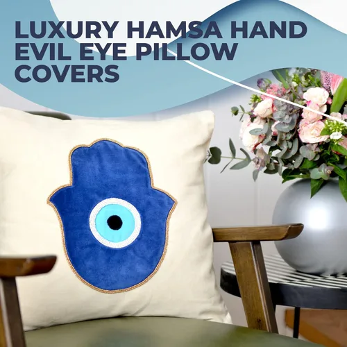 Vista 2 de WALBROOK Funda de almohada de mal de ojo bohemio Hamsa de 18 x 18 pulgadas, fundas de almohada decorativas, decoración de ojo azul, almohadas azules