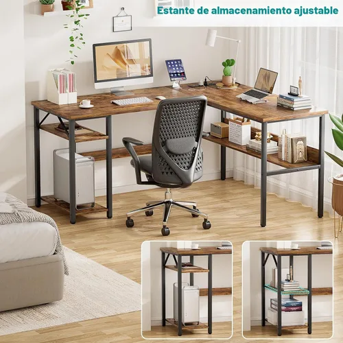 Vista 7 de Escritorio reversible en forma de L para computadora con tomas de corriente y puertos de carga USB, escritorios esquineros resistentes con estante