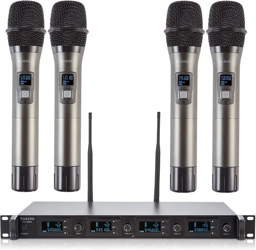Vista 8 de Sistema de micrófono inalámbrico de 4 canales UHF, 2 micrófonos de mano inalámbricos y 2 micrófonos de diadema Lavalier para karaoke, iglesia