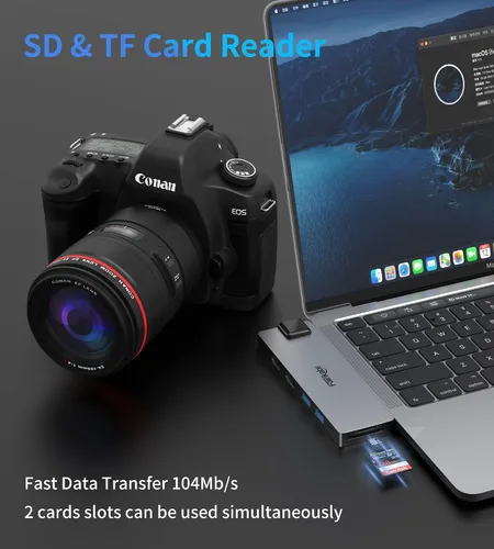 Vista 8 de Adaptador multipuerto USB C Hub para MacBook Pro 2019/2018/2017, adaptador USB C a HDMI dual 8 en 1 4K 60Hz, Ethernet de 1 Gbps, lector de tarjetas
