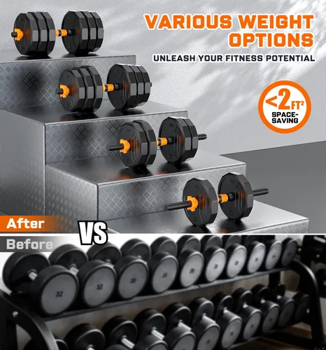 Vista 8 de 5-in-1 Adjustable Dumbbell Set, 33/44/66/88lbs Free Weights Set with Connector, Used as Kettlebells, Barbell, Push up Stand, Standard 1" Plates