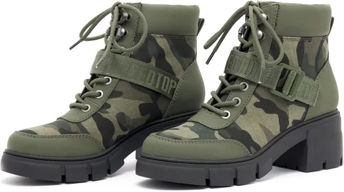 Vista 7 de REDTOP Botas de combate para mujer con suela de lengüeta gruesa, botas de tobillo con cordones y hebilla casual