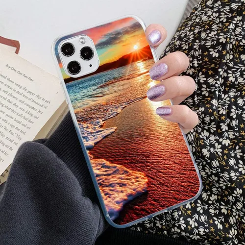 Vista 4 de Funda compatible con iPhone 12 y iPhone 12 Pro, increíble puesta de sol y playa, funda protectora transparente a prueba de golpes, delgada, suave