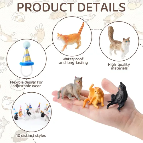 Vista 3 de 20 piezas de figuritas de gato en miniatura con kit de sombreros de cumpleaños, figuritas de gato pequeñas de resina, decoraciones para pasteles