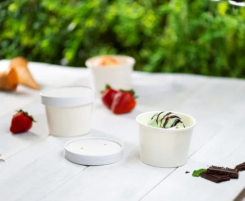 Vista 5 de GUSTO Recipientes de papel blanco de 8 onzas con tapas ventiladas [25 unidades] Tazones de sopa To Go, tazas de helado desechables, ideales
