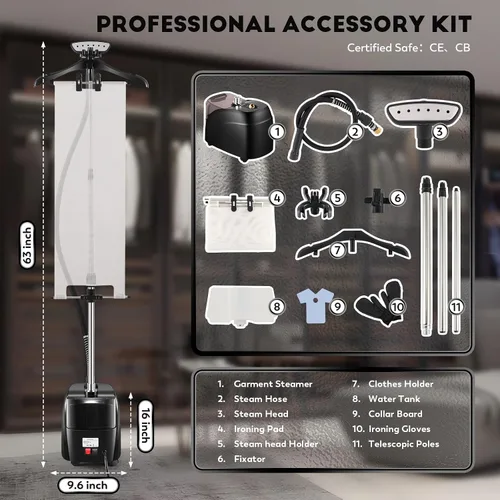 Vista 5 de CGOLDENWALL Vaporizador profesional para ropa de pie de 1500 W, continuo 70 minutos, potente vapor, calentamiento rápido de 30 segundos, incluye