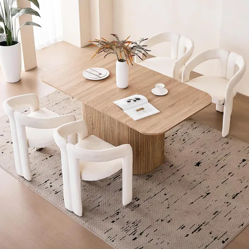 Vista 15 de Juego de 4 mesas de comedor grandes de 63 pulgadas para 4, esquinas redondeadas, mesa de cocina rectangular moderna de madera con sillas Boucle