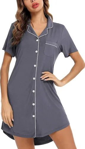 Vista 185 de Samring Camisón de pijama para mujer, manga corta/larga, con botones, camisón para dormir, camisón para novio, talla XXL