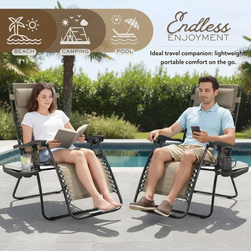 Vista 3 de Paquete de 2 sillas de salón ajustables de gravedad cero con tela de malla de acero: silla de césped reclinable con almohada cómoda, bandeja
