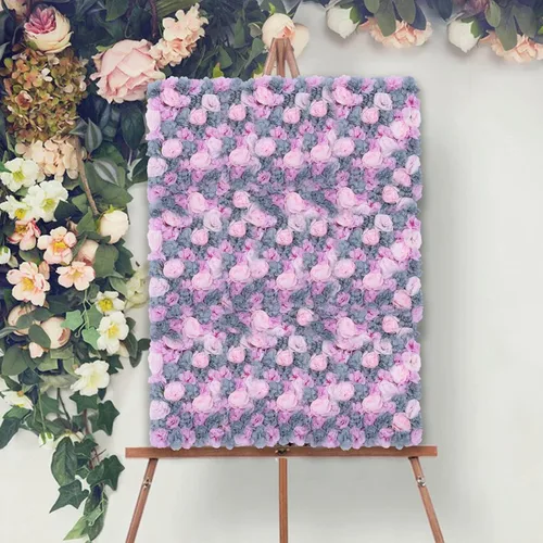Vista 3 de OUKANING Paquete de 6 paneles de pared de flores de seda con rosas de seda, telón de fondo de pared de flores artificiales para interiores y Morado
