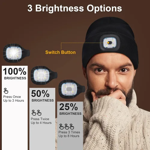 Vista 5 de SUNPRO Gorro LED con luz, gorro de punto iluminado, gorra recargable, regalos cálidos de invierno para hombres, mujeres, perros, caminar, acampar