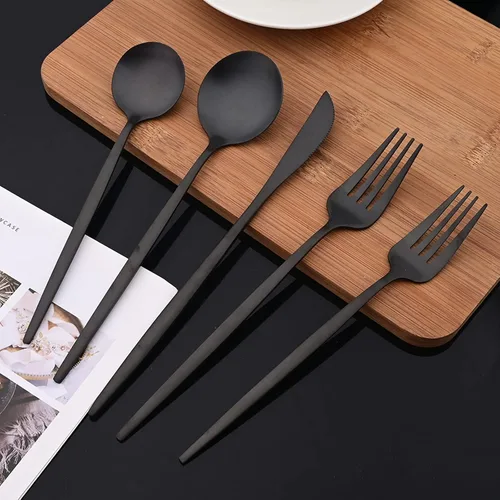 Vista 7 de JASHII Juego de cubiertos mate de 36 piezas con mango plano acabado satinado negro acero inoxidable cubiertos servicio para 6 para cocina casera