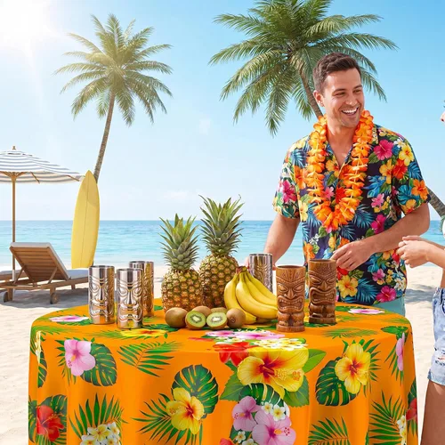 Vista 5 de Oudain Mantel hawaiano de 3 piezas de 84 pulgadas con hojas de palmera tropicales, flores redondas, de plástico, desechable, circular, impermeable