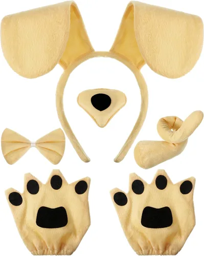Vista 7 de Syhood Conjunto de disfraz de perro para cachorro, diadema con orejas de perro, corbatín, nariz, cola, guantes, accesorios de disfraz de animales