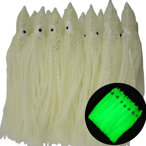 Vista 5 de Luminoso pulpo calamar falda señuelos cebo que brilla en la oscuridad, señuelo de pesca suave para pesca de agua salada, 6 pulgadas/5.9 in, blanco