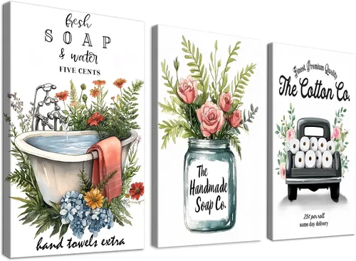 Vista 10 de KVTM 3 piezas de arte de pared de baño de granja, diseño de jabón fresco y bañera de agua, impresiones rústicas de flores en lienzo, arte estético