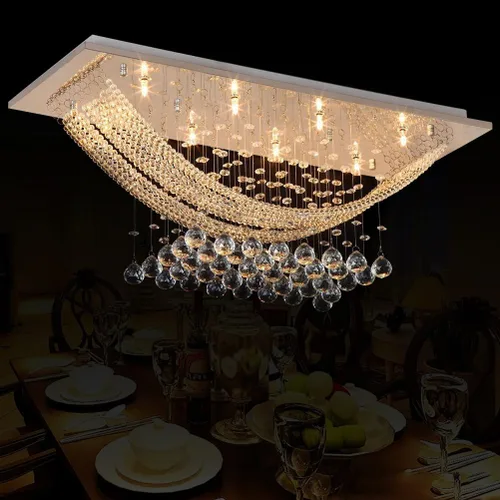 Vista 12 de Araña moderna de onda, araña rectangular de cristal con gotas de lluvia, montaje empotrado, lámpara colgante de techo cromada, ideal para comedor