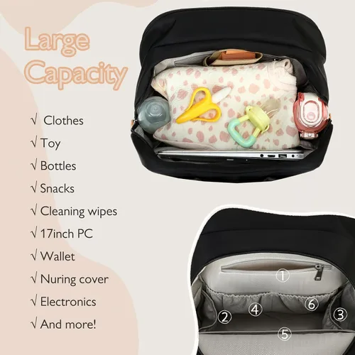Vista 5 de LORADI Mochila grande para pañales de 18 bolsillos con 4 bolsillos aislados y clips para cochecito, artículos esenciales para baby shower