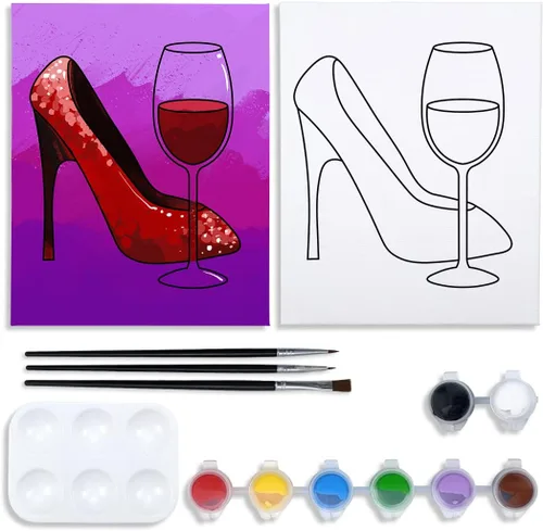 Vista 6 de VOCHIC Kit de pintura de lienzo predibujado para adultos para pintura, kit de fiesta, pintura y sorbo, suministros de fiesta, lienzo de 8 x 10