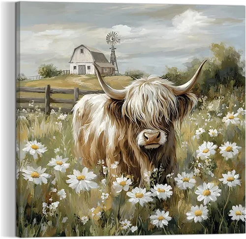 Vista 8 de YUEYARIT Decoración de pared de vaca de las tierras altas de granja en verde azulado y marrón: imagen rústica de vaca y diente de león, impresión