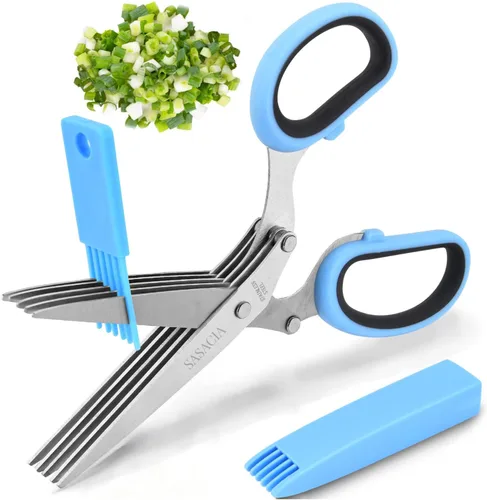 Vista 11 de Tijeras de hierbas con 5 cuchillas y kit de limpieza, tijeras de cocina de acero inoxidable para hierbas, lechuga, cilantro, aptas para Rojo y negro