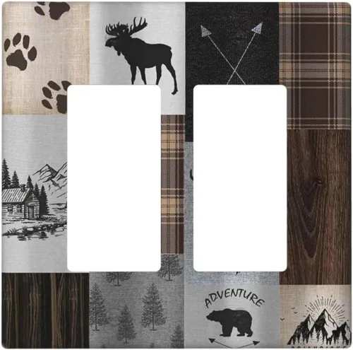 Vista 31 de Cubiertas de pared de lodge rústico retro con diseño de osos, ciervos y animales salvajes. Placas de pared dúplex simples para interruptor de luz.