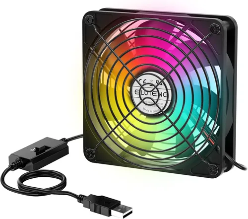Vista 9 de ELUTENG Ventilador de refrigeración USB para computadora con iluminación RGB de 7 colores, controlador de 3 velocidades 1100/1300/1500 RPM