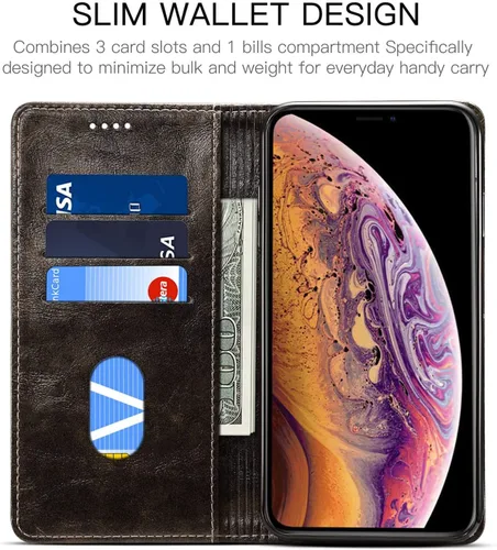 Vista 2 de Sinianl Funda de cuero tipo cartera con tapa de material TPU para iPhone Xs Max/XR/XS/X/8/8 Plus/7/7 Plus/6/6 Plus, Negro