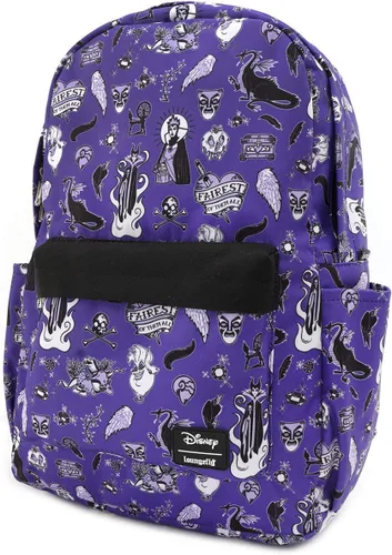 Vista 2 de Loungefly x Mochila de nailon con estampado de iconos de villanos de Disney, PúrpuraNegroBlanco, Computadora portátil