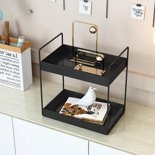 Vista 2 de Estantería de 2 niveles para baño, encimera de almacenamiento, organizador de cosméticos, soporte para especias de cocina, color negro.