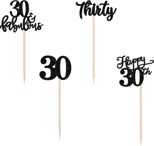 Vista 3 de Rsstarxi Paquete de 24 adornos con purpurina para cupcakes de 30 cumpleaños, treinta y 30 fabulosas selecciones de cupcakes, decoraciones para feliz