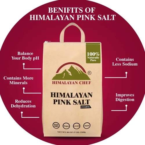 Vista 2 de Himalayan Chef Sal rosa del Himalaya – Bolsa a granel de grano grueso de 5 libras – Cristales gourmet 100% naturales y puros, contiene 84 minerales