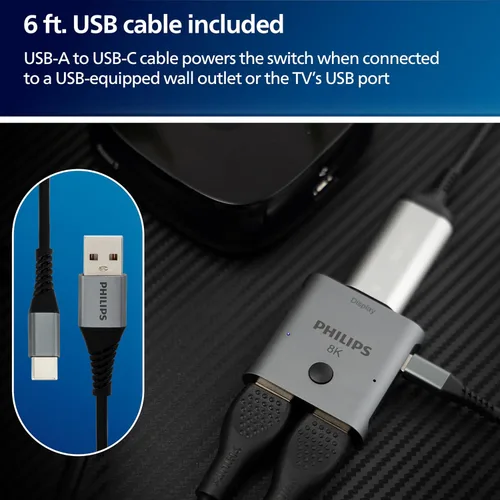 Vista 8 de Philips 2 Device HDMI 2.1 Switch Splitter [8K @60Hz 4K @120Hz] Sonido envolvente HD Dolby 7.1, transferencia de datos de 48 Gbps, juegos, Smart