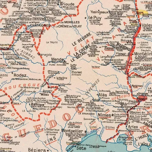 Vista 8 de Antiguos Maps Gourmet France, Comida francesa y vino - Gastronomique et Vinicole de la France par A. Bourguignon circa 1932 Decoración de pared
