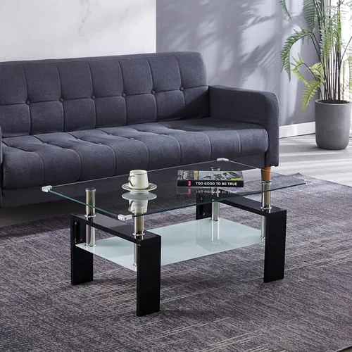 Vista 2 de Mesa auxiliar rectangular de vidrio, moderna mesa de centro transparente con estante inferior, patas de madera, mesa auxiliar auxiliar para sala