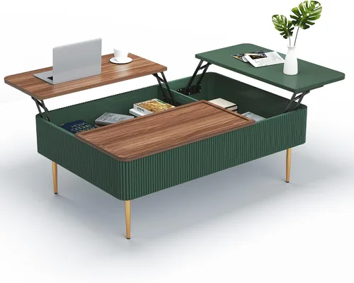 Vista 9 de HLR Mesa auxiliar de doble elevación de 47 pulgadas con almacenamiento, moderna mesa de centro de madera acanalada con compartimento oculto, mesa