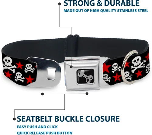 Vista 4 de Buckle-Down Collar de perro con hebilla de cinturón de seguridad, calaveras y estrellas, negro/blanco/rojo, 1 pulgada de ancho, se adapta a cuello