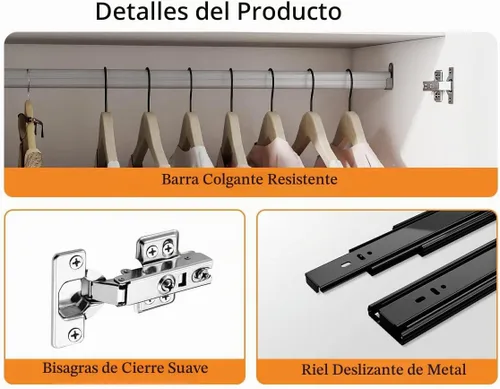 Vista 4 de Armario Ropero Closet con Cajones: Armario Grande Blanco de 75" con 2 Puertas para Colgar Ropa, Armarios de Madera Modernos para Dormitorio con 2