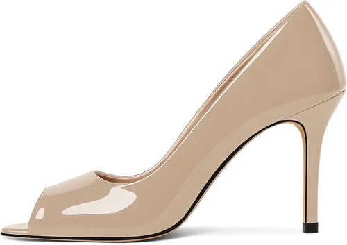 Vista 6 de Eldof Zapatos de tacón alto con punta abierta para mujer, con puntera abierta, para boda, sexy, para novia, clásicos, de 3.5 pulgadas Beige